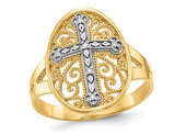 14K Yellow and White Gold Filigree Cross Ring with Accent Diamonds